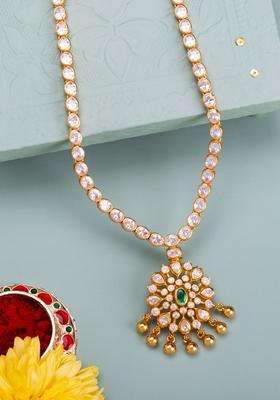 92.5 Pure Silver Gold-Plated Stones Studded Temple Necklace for Women | Traditional Temple Jewellery for Wedding & Festive Wear | Gift for Her