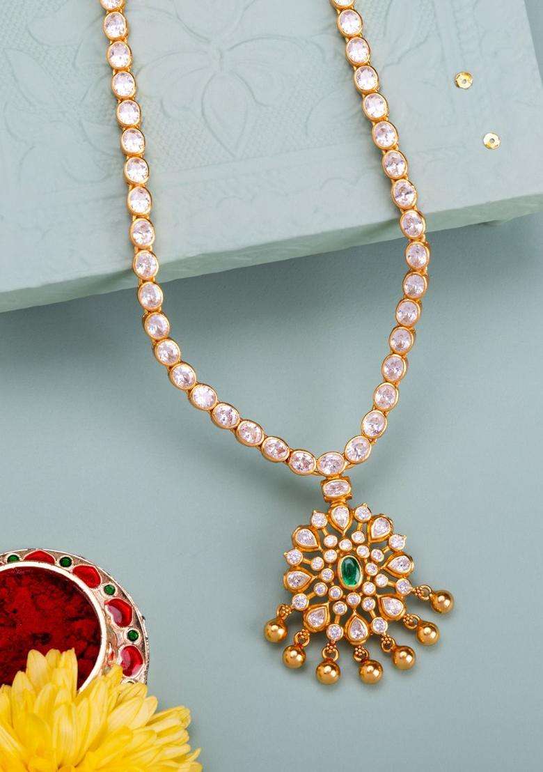 92.5 Pure Silver Gold-Plated Stones Studded Temple Necklace for Women | Traditional Temple Jewellery for Wedding & Festive Wear | Gift for Her - Indya