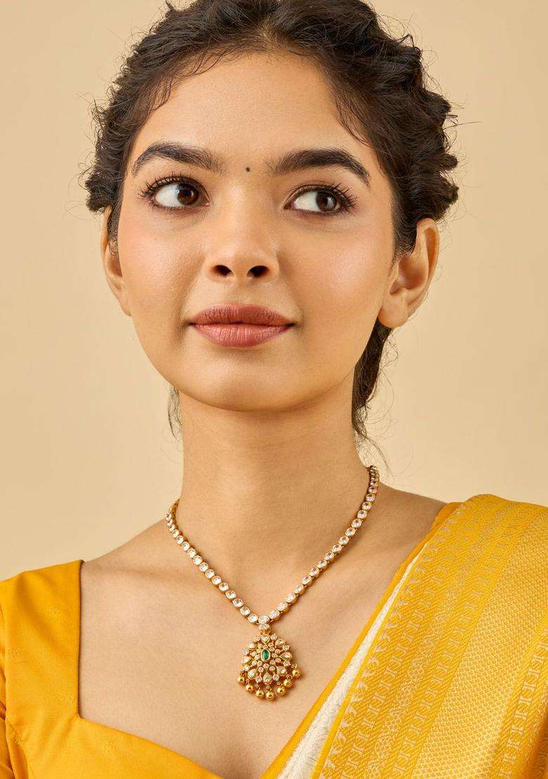 92.5 Pure Silver Gold-Plated Stones Studded Temple Necklace for Women | Traditional Temple Jewellery for Wedding & Festive Wear | Gift for Her - Indya