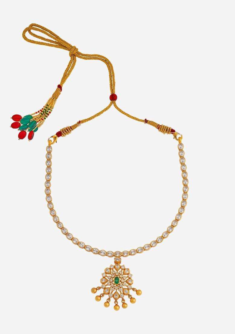 92.5 Pure Silver Gold-Plated Stones Studded Temple Necklace for Women | Traditional Temple Jewellery for Wedding & Festive Wear | Gift for Her - Indya