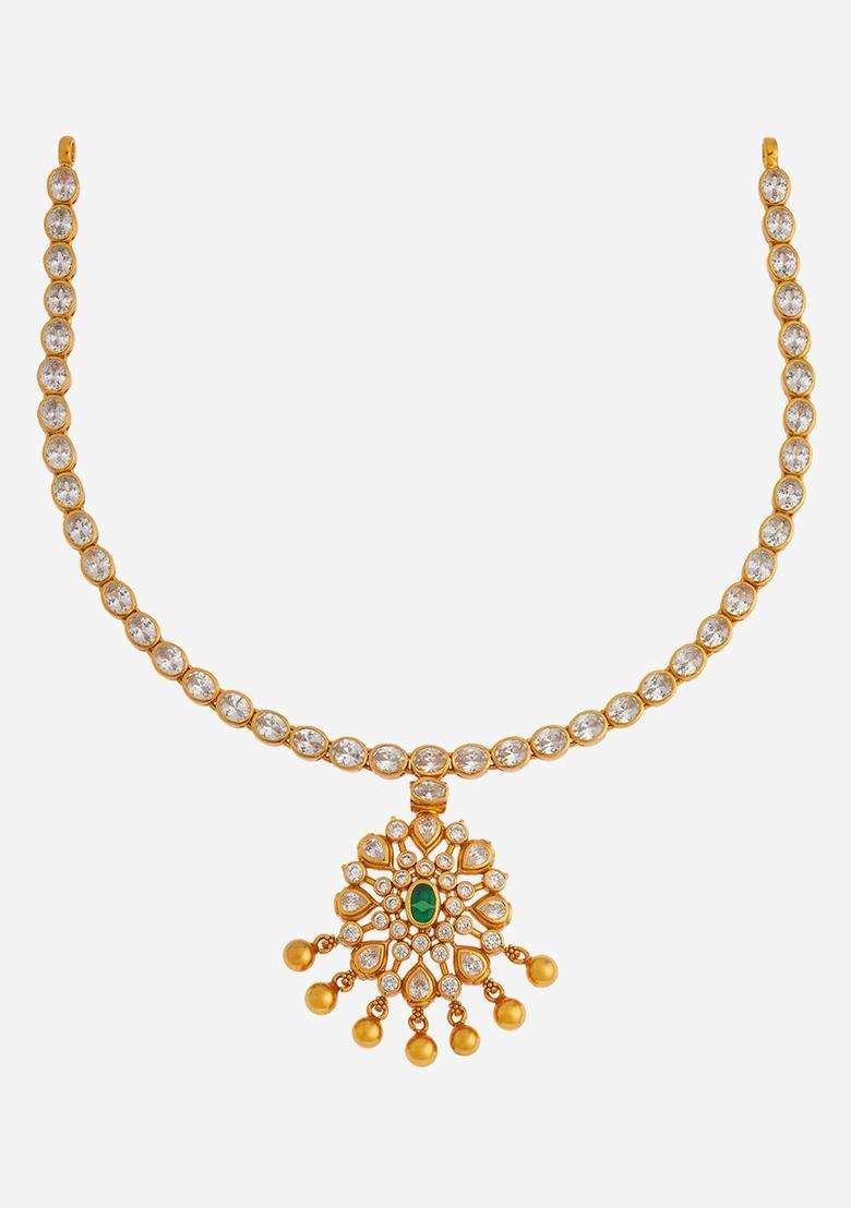 92.5 Pure Silver Gold-Plated Stones Studded Temple Necklace for Women | Traditional Temple Jewellery for Wedding & Festive Wear | Gift for Her - Indya