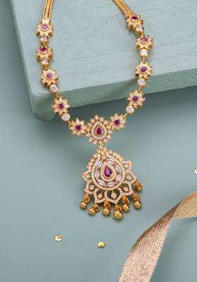 92.5 Pure Silver Gold-Plated Ruby Studded Temple Necklace for Women | Traditional Temple Jewellery for Wedding & Festive Wear | Gift for Her