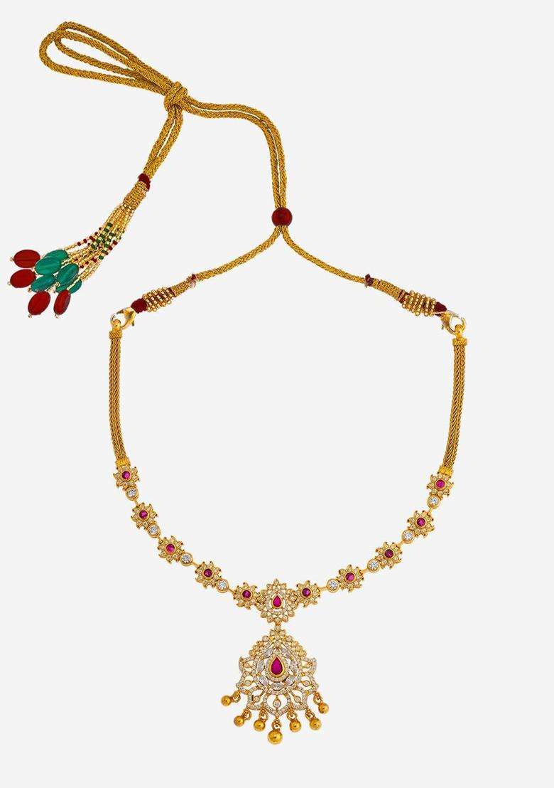 92.5 Pure Silver Gold-Plated Ruby Studded Temple Necklace for Women | Traditional Temple Jewellery for Wedding & Festive Wear | Gift for Her - Indya