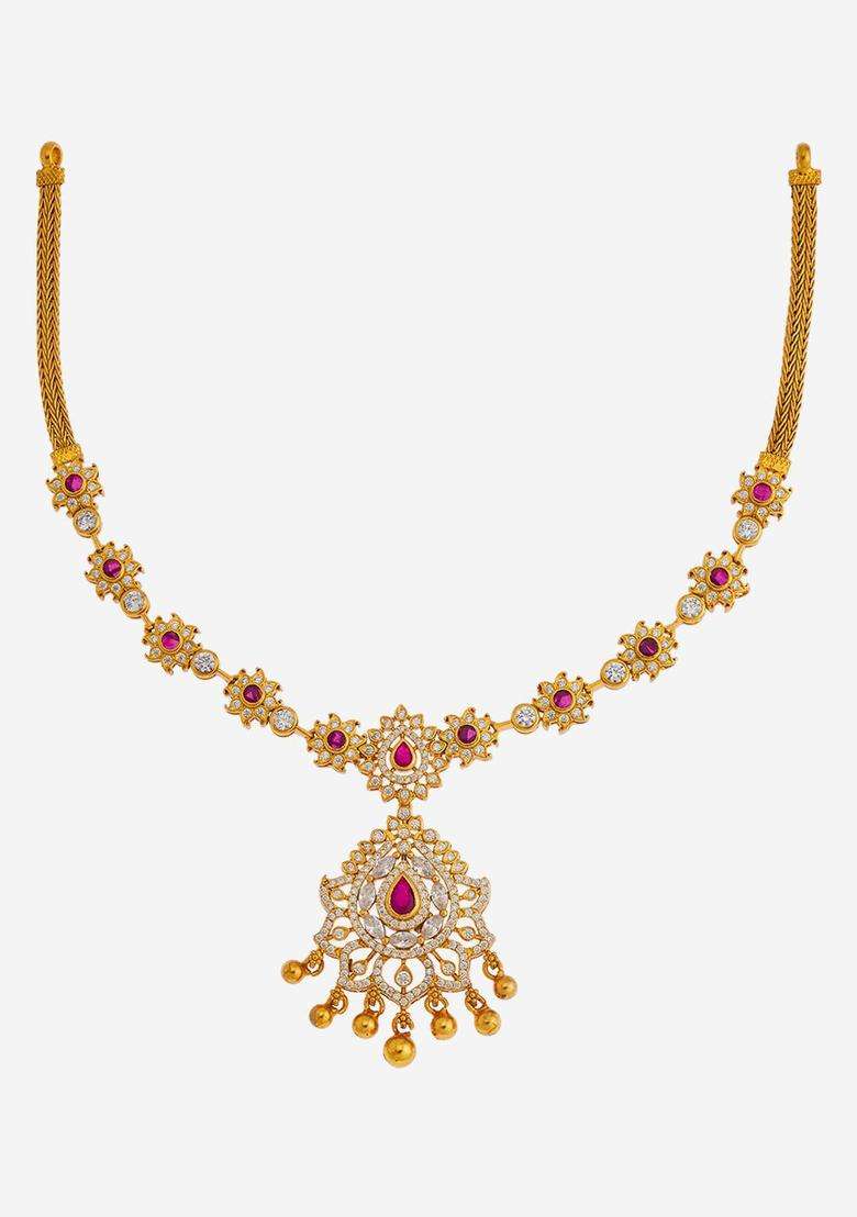 92.5 Pure Silver Gold-Plated Ruby Studded Temple Necklace for Women | Traditional Temple Jewellery for Wedding & Festive Wear | Gift for Her - Indya