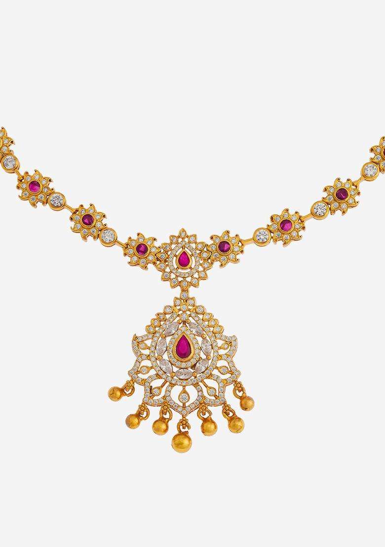 92.5 Pure Silver Gold-Plated Ruby Studded Temple Necklace for Women | Traditional Temple Jewellery for Wedding & Festive Wear | Gift for Her - Indya