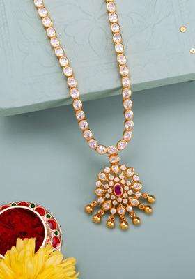 92.5 Pure Silver Gold-Plated Stones Studded Temple Necklace for Women | Traditional Temple Jewellery for Wedding & Festive Wear | Gift for Her