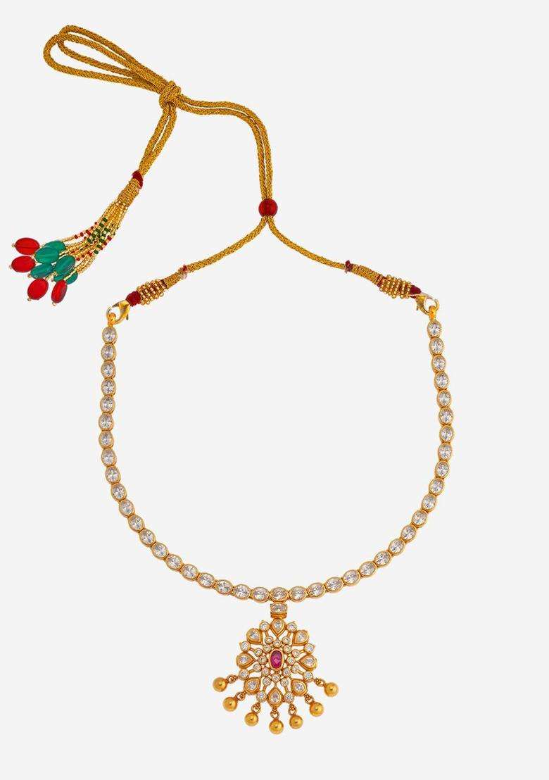 92.5 Pure Silver Gold-Plated Stones Studded Temple Necklace for Women | Traditional Temple Jewellery for Wedding & Festive Wear | Gift for Her - Indya