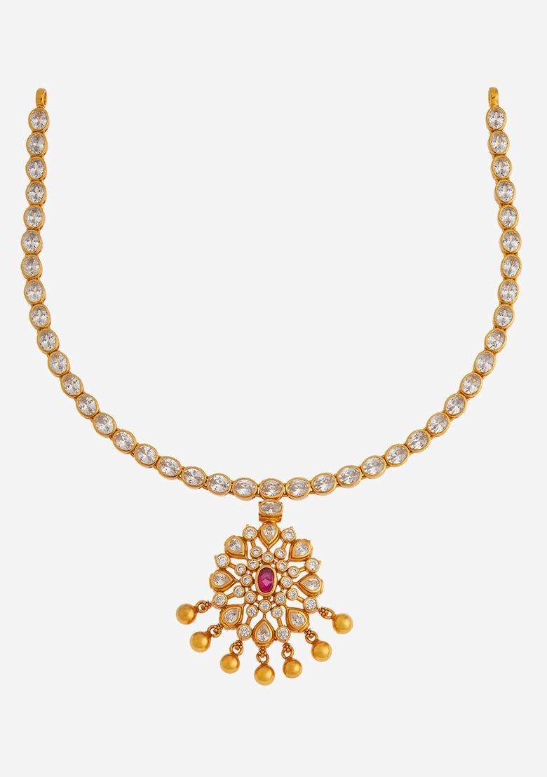 92.5 Pure Silver Gold-Plated Stones Studded Temple Necklace for Women | Traditional Temple Jewellery for Wedding & Festive Wear | Gift for Her - Indya