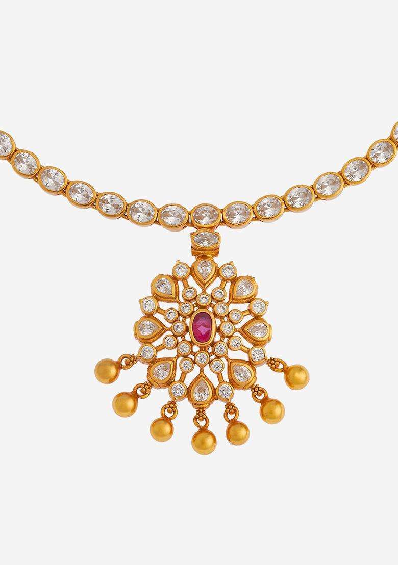92.5 Pure Silver Gold-Plated Stones Studded Temple Necklace for Women | Traditional Temple Jewellery for Wedding & Festive Wear | Gift for Her - Indya