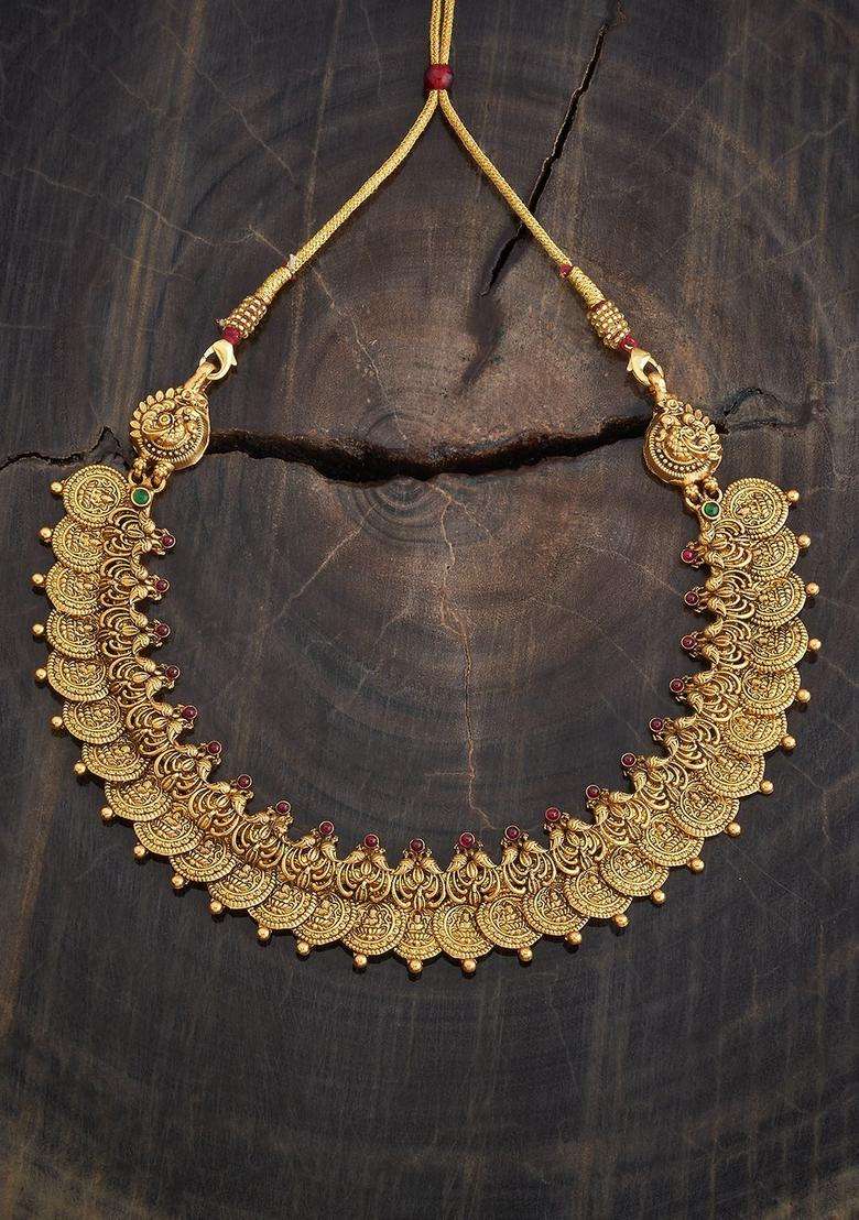 92.5 Pure Silver Gold-Plated Stone Studded Temple Necklace for Women | Traditional Temple Jewellery for Wedding & Festive Wear | Gift for Her - Indya