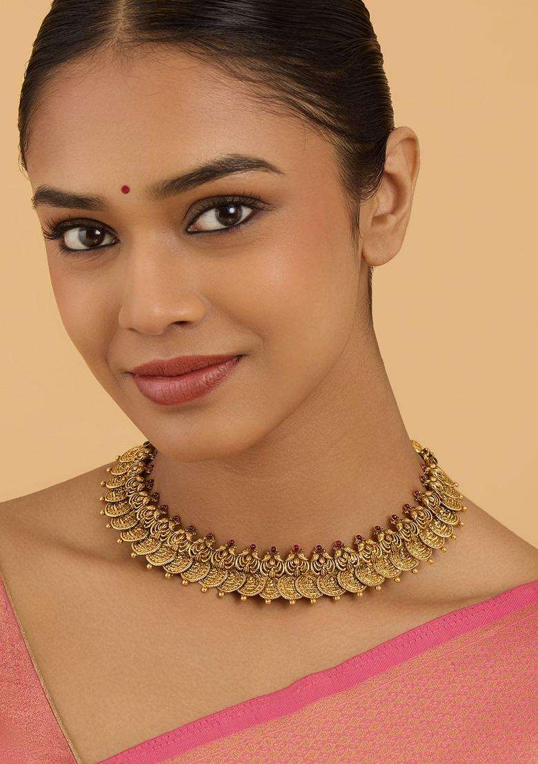 92.5 Pure Silver Gold-Plated Stone Studded Temple Necklace for Women | Traditional Temple Jewellery for Wedding & Festive Wear | Gift for Her - Indya