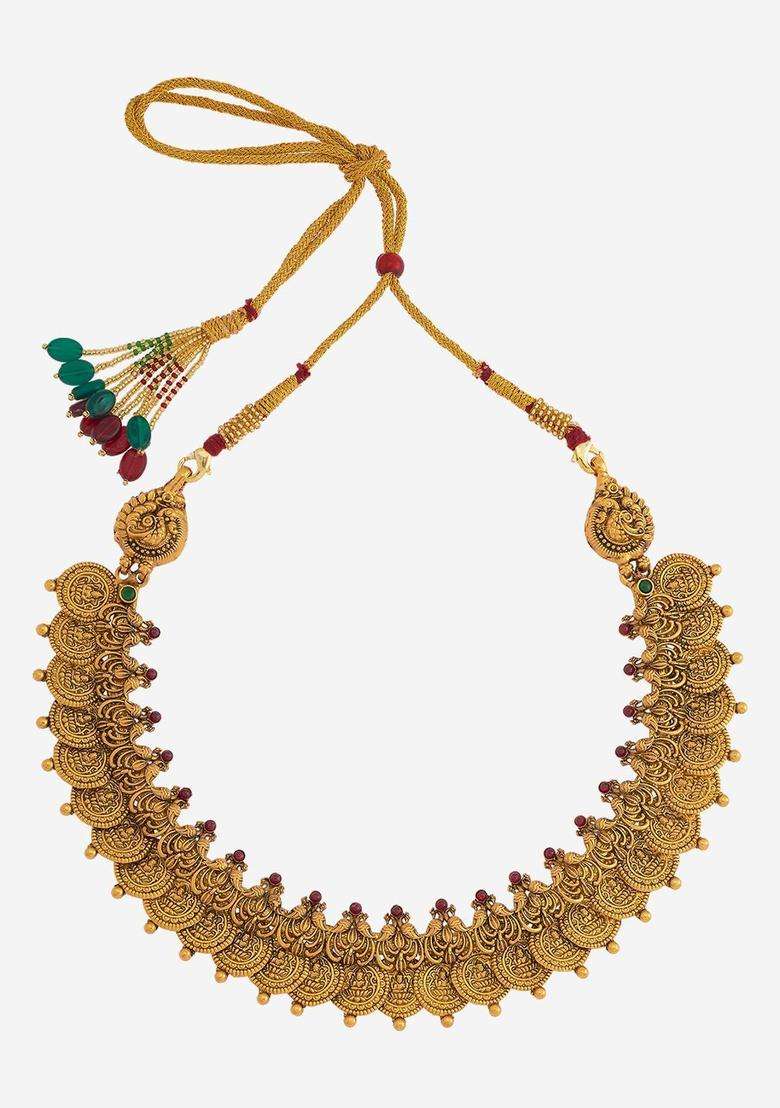 92.5 Pure Silver Gold-Plated Stone Studded Temple Necklace for Women | Traditional Temple Jewellery for Wedding & Festive Wear | Gift for Her - Indya