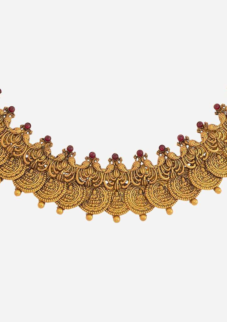 92.5 Pure Silver Gold-Plated Stone Studded Temple Necklace for Women | Traditional Temple Jewellery for Wedding & Festive Wear | Gift for Her - Indya
