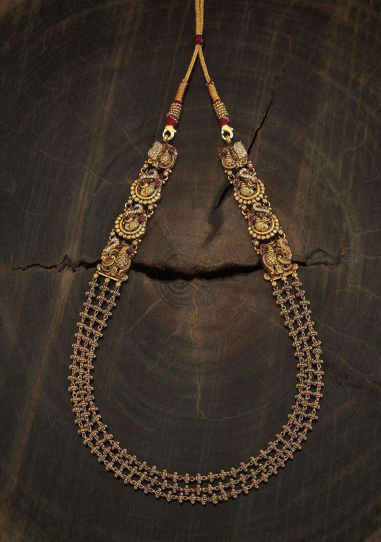 92.5 Pure Silver Gold-Plated Stones Studded Temple Necklace for Women | Traditional Temple Jewellery for Wedding & Festive Wear | Gift for Her - Indya