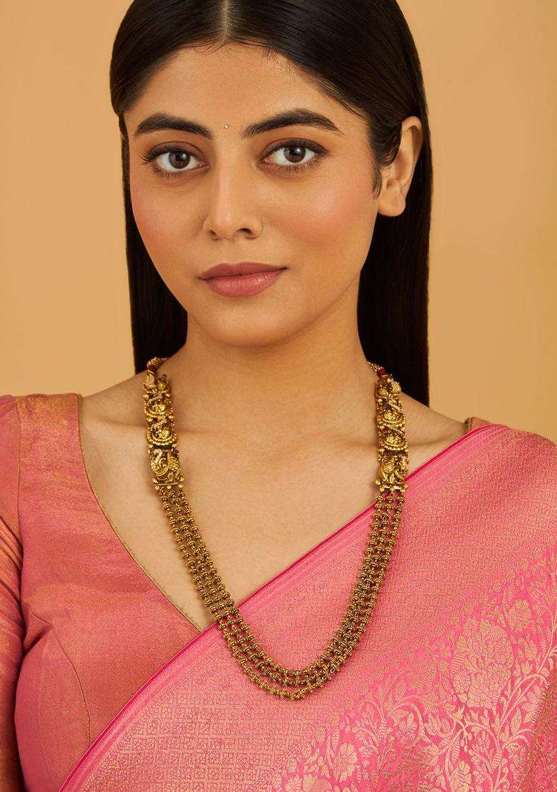 92.5 Pure Silver Gold-Plated Stones Studded Temple Necklace for Women | Traditional Temple Jewellery for Wedding & Festive Wear | Gift for Her - Indya