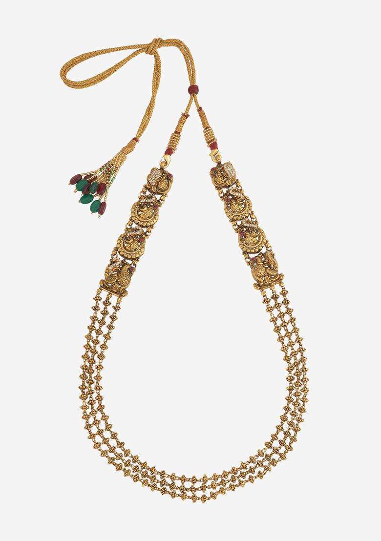 92.5 Pure Silver Gold-Plated Stones Studded Temple Necklace for Women | Traditional Temple Jewellery for Wedding & Festive Wear | Gift for Her - Indya