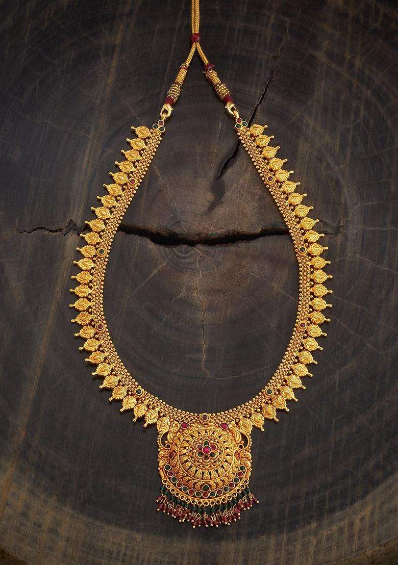 92.5 Pure Silver Gold-Plated Stones and Beaded Temple Necklace for Women | Traditional Temple Jewellery for Wedding & Festive Wear | Gift for Her - Indya