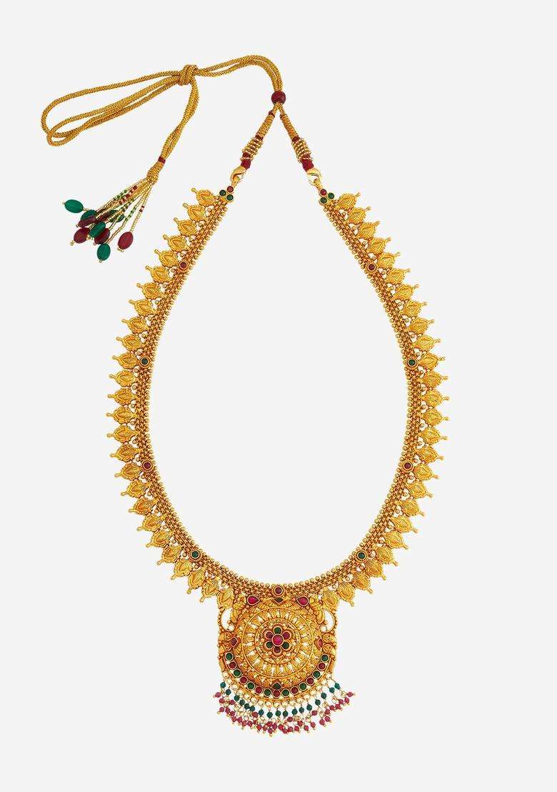92.5 Pure Silver Gold-Plated Stones and Beaded Temple Necklace for Women | Traditional Temple Jewellery for Wedding & Festive Wear | Gift for Her - Indya