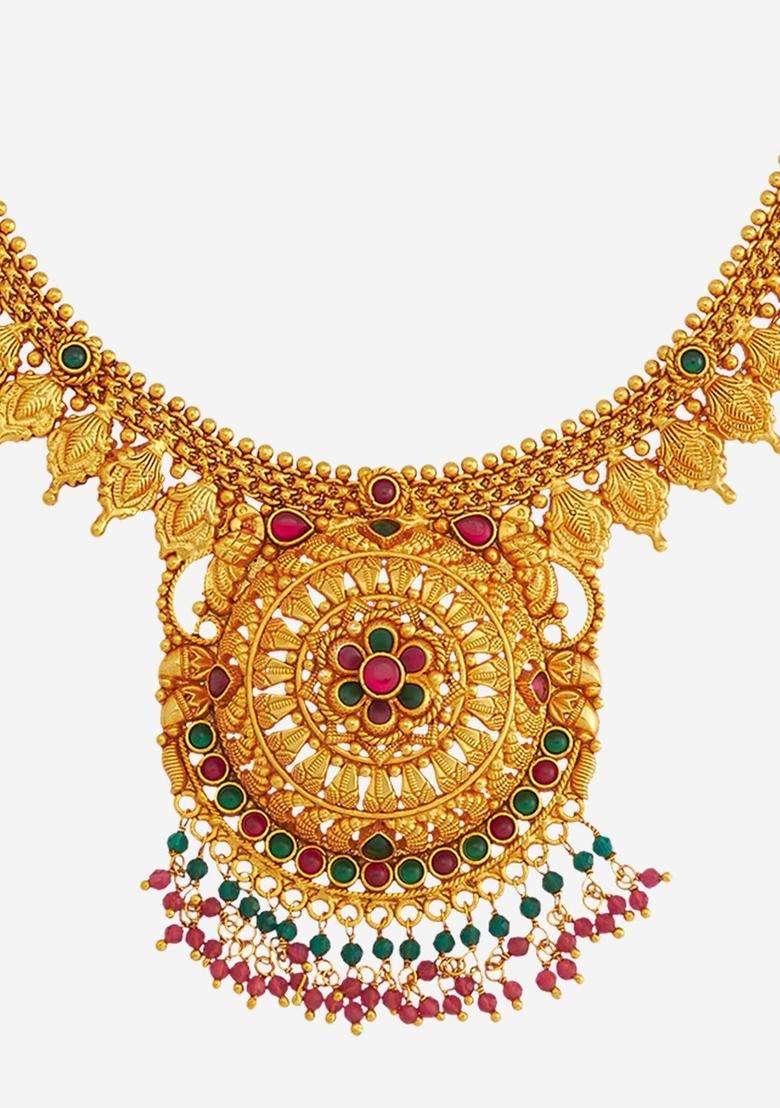 92.5 Pure Silver Gold-Plated Stones and Beaded Temple Necklace for Women | Traditional Temple Jewellery for Wedding & Festive Wear | Gift for Her - Indya