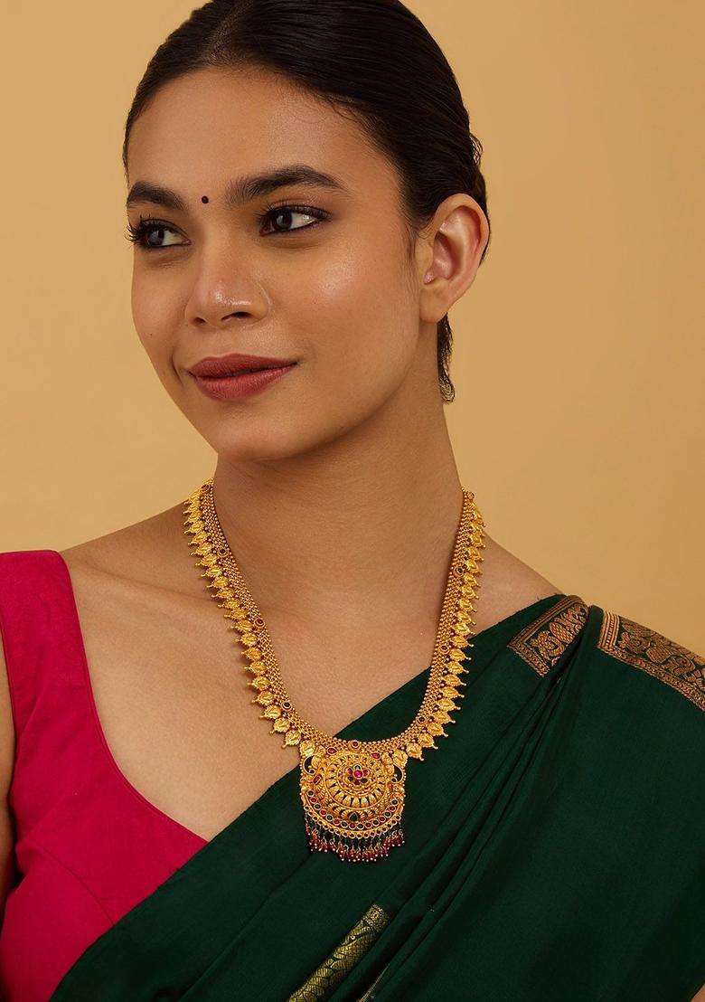 92.5 Pure Silver Gold-Plated Stones and Beaded Temple Necklace for Women | Traditional Temple Jewellery for Wedding & Festive Wear | Gift for Her - Indya