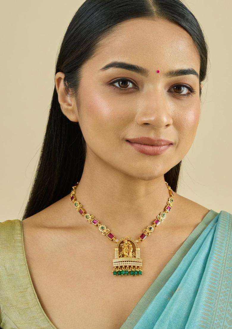 Embellished Bridal 92.5 Silver Gold-Plated Temple Necklace for Women | Traditional Temple Jewellery for Wedding & Festive Wear | Gift for Her - Indya