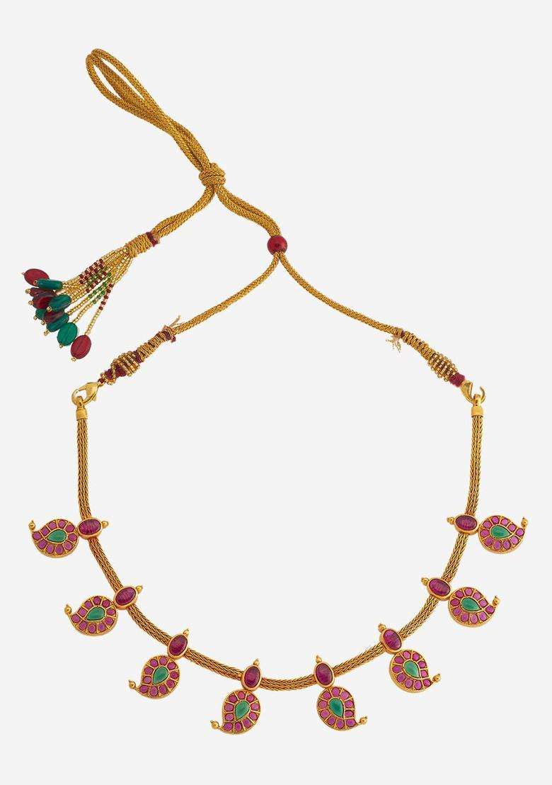 92.5 Pure Silver Gold-Plated Stone Studded Temple Necklace for Women | Traditional Temple Jewellery for Wedding & Festive Wear | Gift for Her - Indya