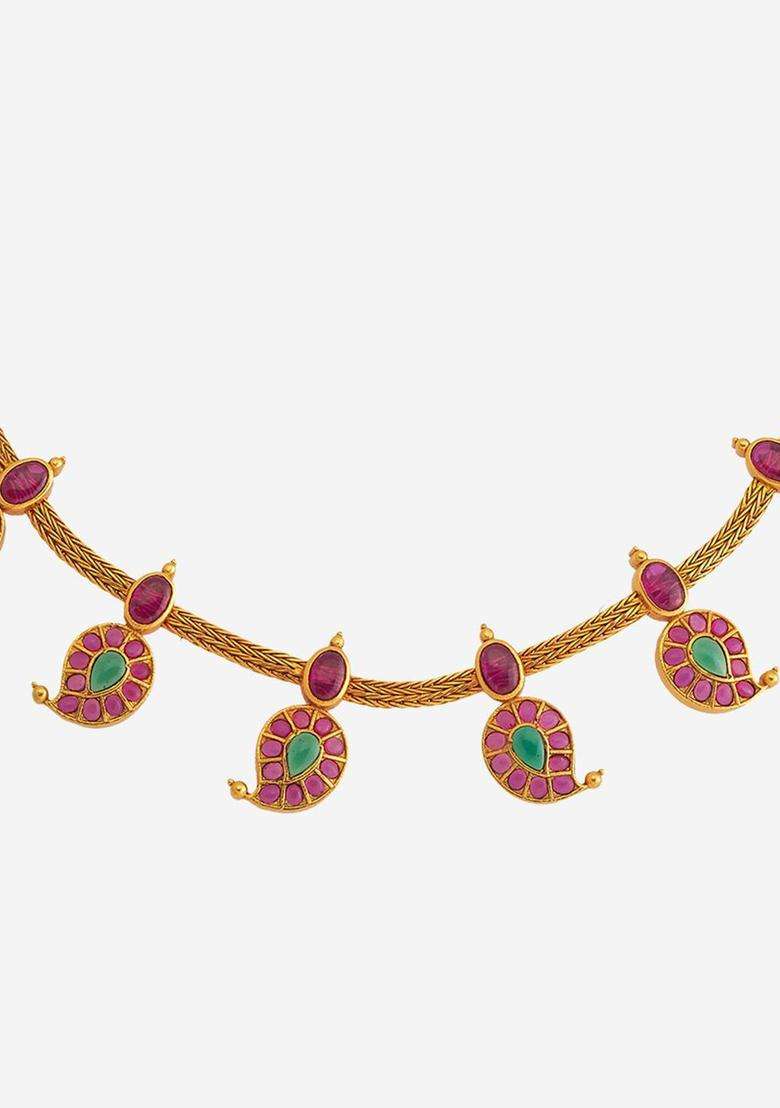 92.5 Pure Silver Gold-Plated Stone Studded Temple Necklace for Women | Traditional Temple Jewellery for Wedding & Festive Wear | Gift for Her - Indya