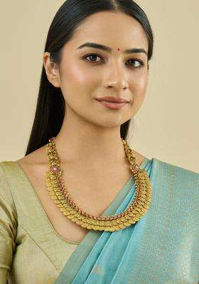 92.5 Pure Silver Gold-Plated Stone Studded Temple Necklace for Women | Traditional Temple Jewellery for Wedding & Festive Wear | Gift for Her