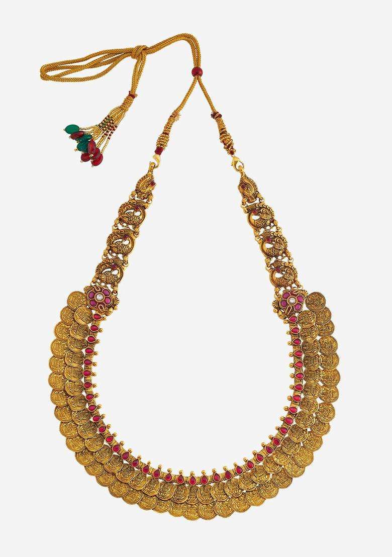 92.5 Pure Silver Gold-Plated Stone Studded Temple Necklace for Women | Traditional Temple Jewellery for Wedding & Festive Wear | Gift for Her - Indya