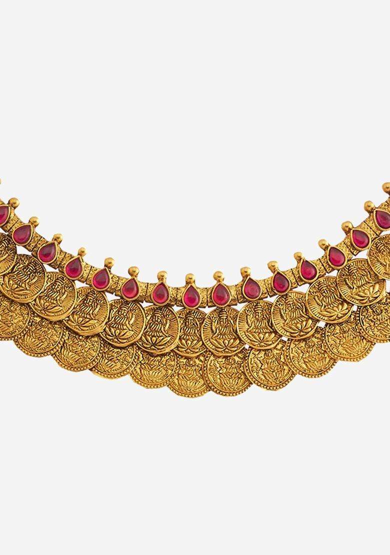 92.5 Pure Silver Gold-Plated Stone Studded Temple Necklace for Women | Traditional Temple Jewellery for Wedding & Festive Wear | Gift for Her - Indya