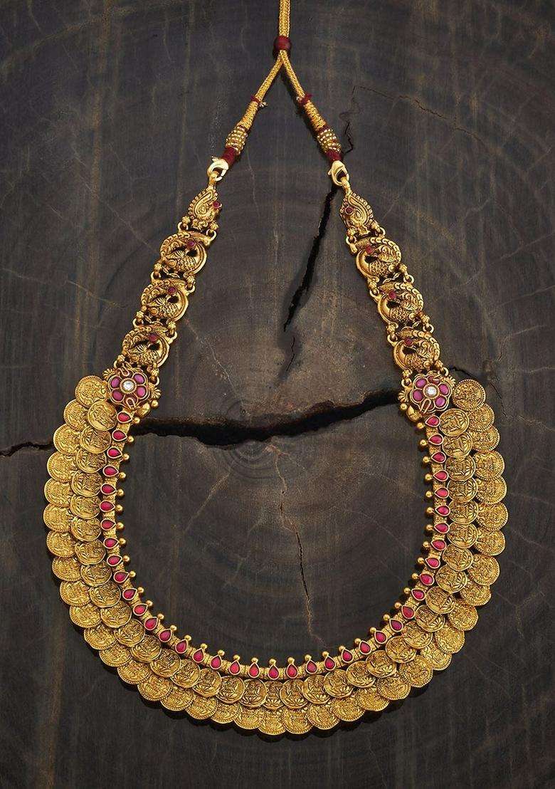 92.5 Pure Silver Gold-Plated Stone Studded Temple Necklace for Women | Traditional Temple Jewellery for Wedding & Festive Wear | Gift for Her - Indya