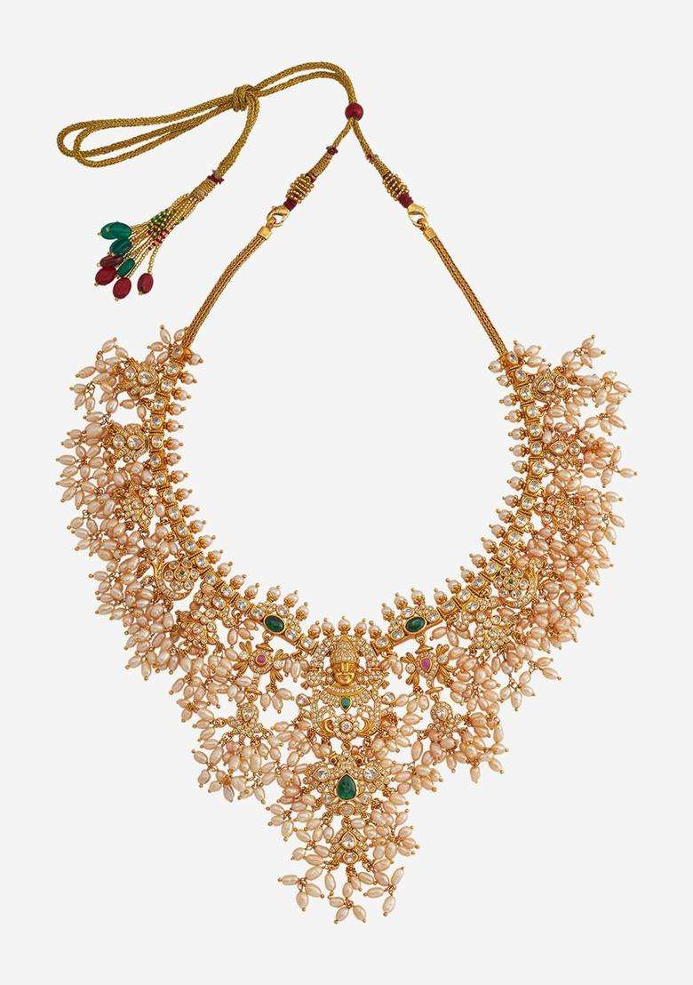 Embellished Bridal 92.5 Silver Gold-Plated Stone Necklace for Women | Traditional Temple Jewellery for Wedding & Festive Wear | Gift for Her - Indya