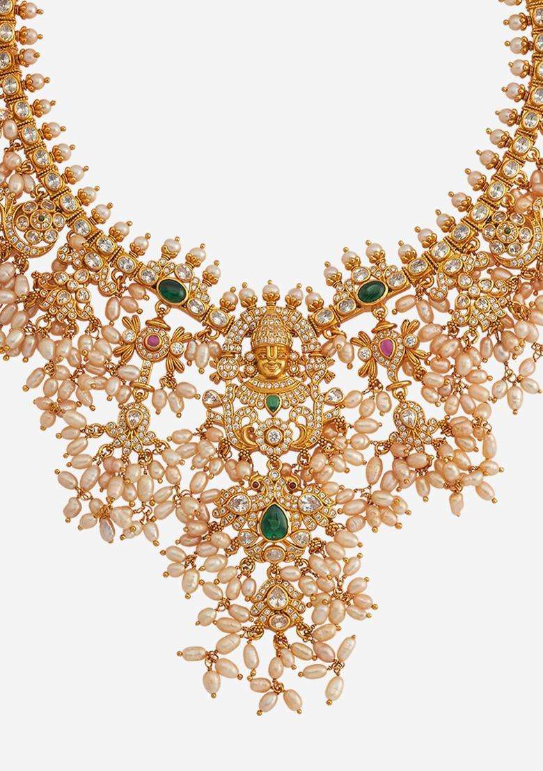 Embellished Bridal 92.5 Silver Gold-Plated Stone Necklace for Women | Traditional Temple Jewellery for Wedding & Festive Wear | Gift for Her - Indya