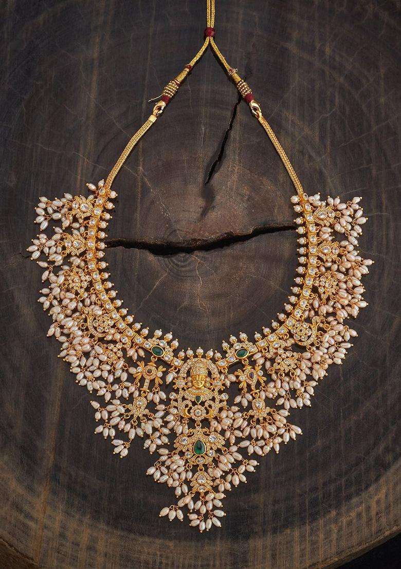 Embellished Bridal 92.5 Silver Gold-Plated Stone Necklace for Women | Traditional Temple Jewellery for Wedding & Festive Wear | Gift for Her - Indya