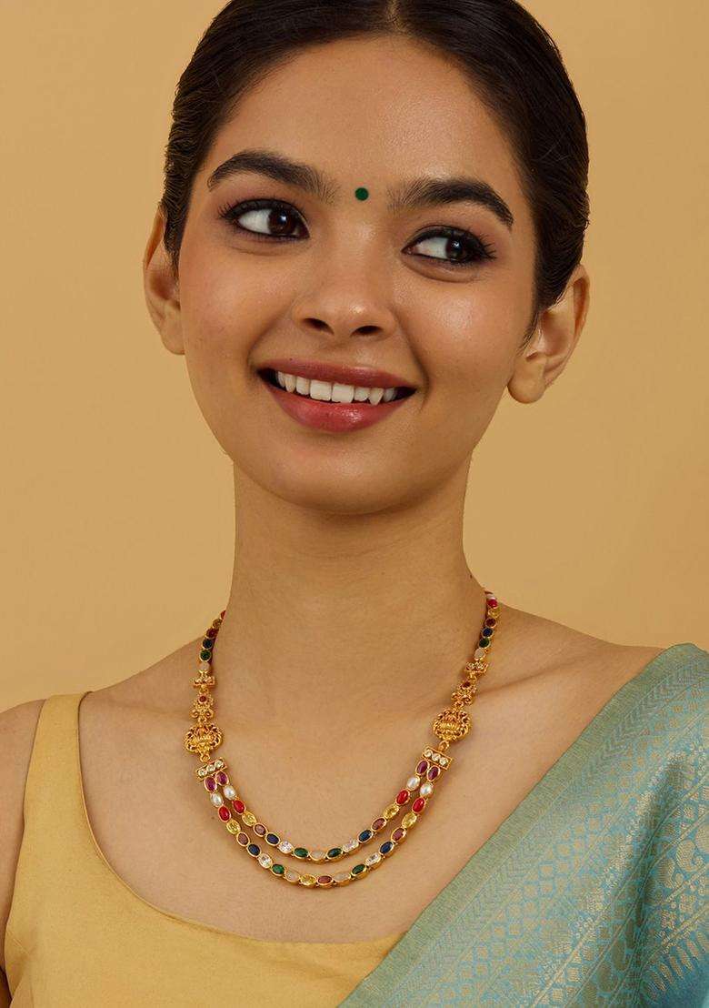 Embellished Bridal 92.5 Pure Silver Gold-Plated Temple Necklace with CZ Stone for Women | Traditional Temple Jewellery for Wedding & Festive Wear | Gift for Her - Indya