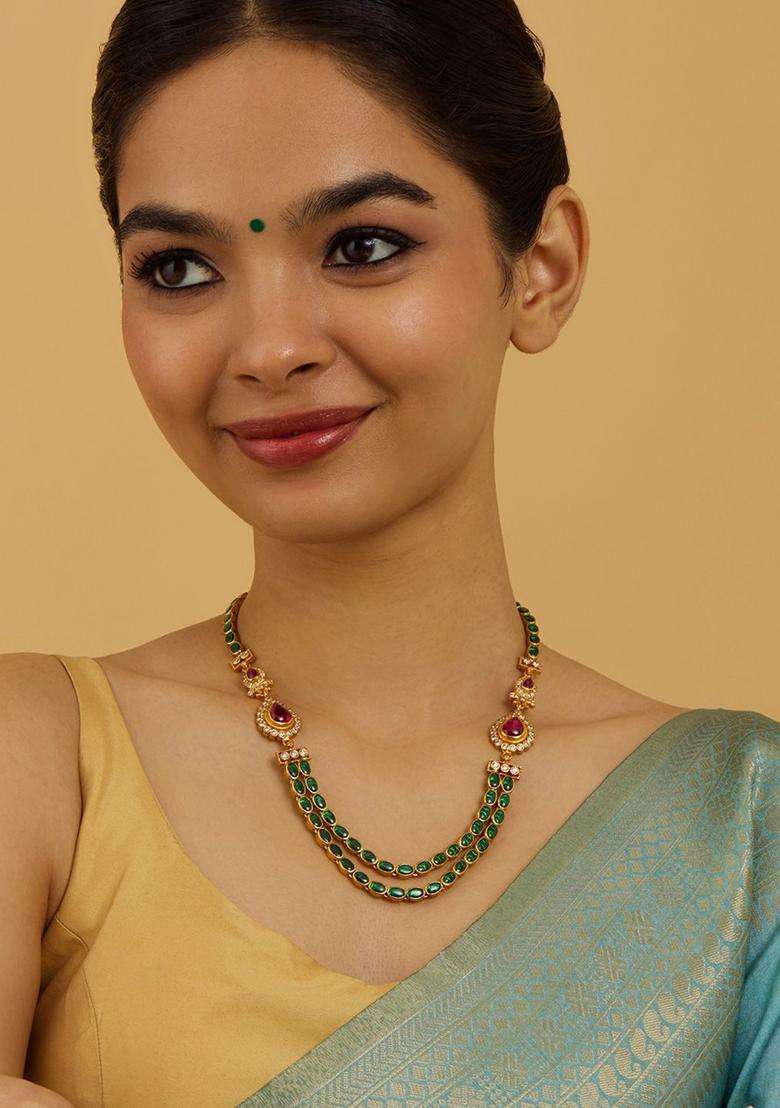 Embellished Bridal 92.5 Pure Silver Gold-Plated Temple Necklace with CZ Stone for Women | Traditional Temple Jewellery for Wedding & Festive Wear | Gift for Her - Indya