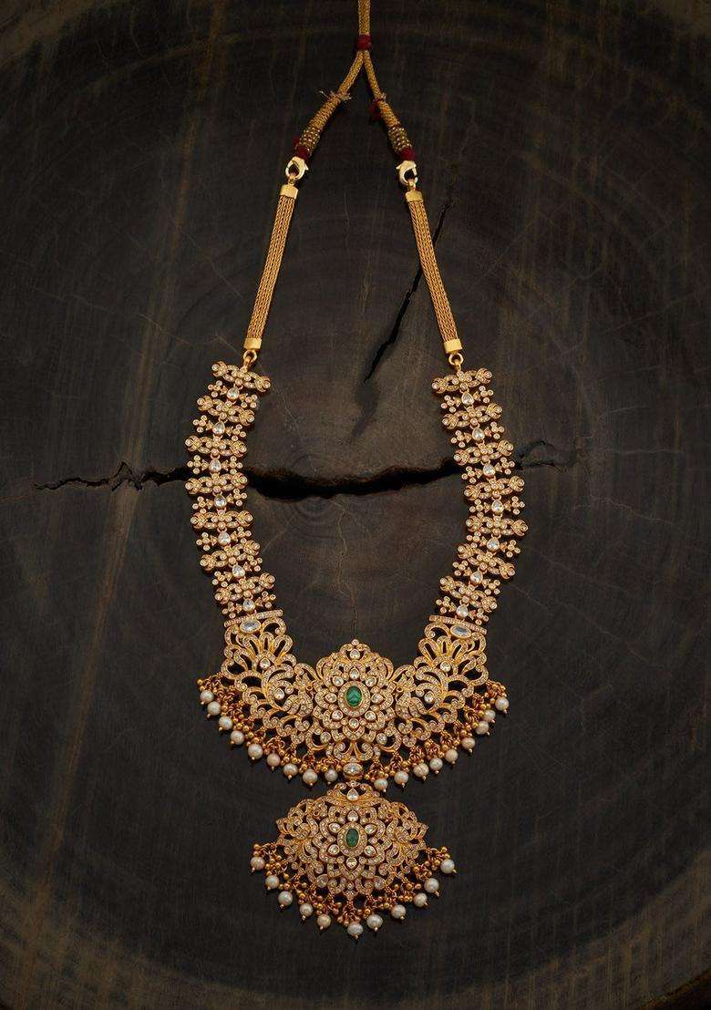 92.5 Pure Silver Gold-Plated Stone Studded Temple Necklace for Women | Traditional Temple Jewellery for Wedding & Festive Wear | Gift for Her - Indya