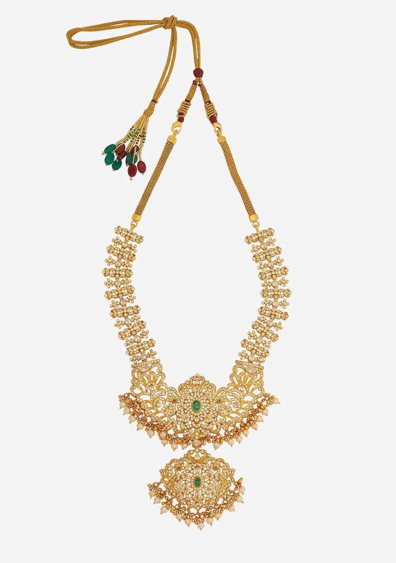 92.5 Pure Silver Gold-Plated Stone Studded Temple Necklace for Women | Traditional Temple Jewellery for Wedding & Festive Wear | Gift for Her - Indya
