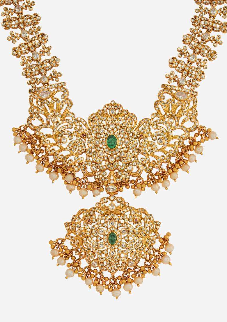 92.5 Pure Silver Gold-Plated Stone Studded Temple Necklace for Women | Traditional Temple Jewellery for Wedding & Festive Wear | Gift for Her - Indya