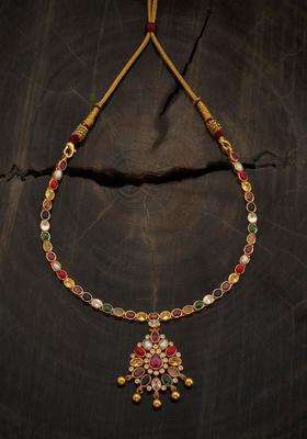 Gold-Plated Embellished Bridal 92.5 Silver Navaratna Stone Necklace for Women | Traditional Temple Jewellery for Wedding & Festive Wear | Gift for Her