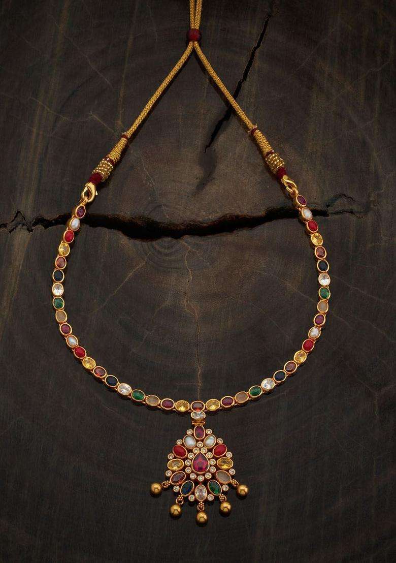 Gold-Plated Embellished Bridal 92.5 Silver Navaratna Stone Necklace for Women | Traditional Temple Jewellery for Wedding & Festive Wear | Gift for Her - Indya