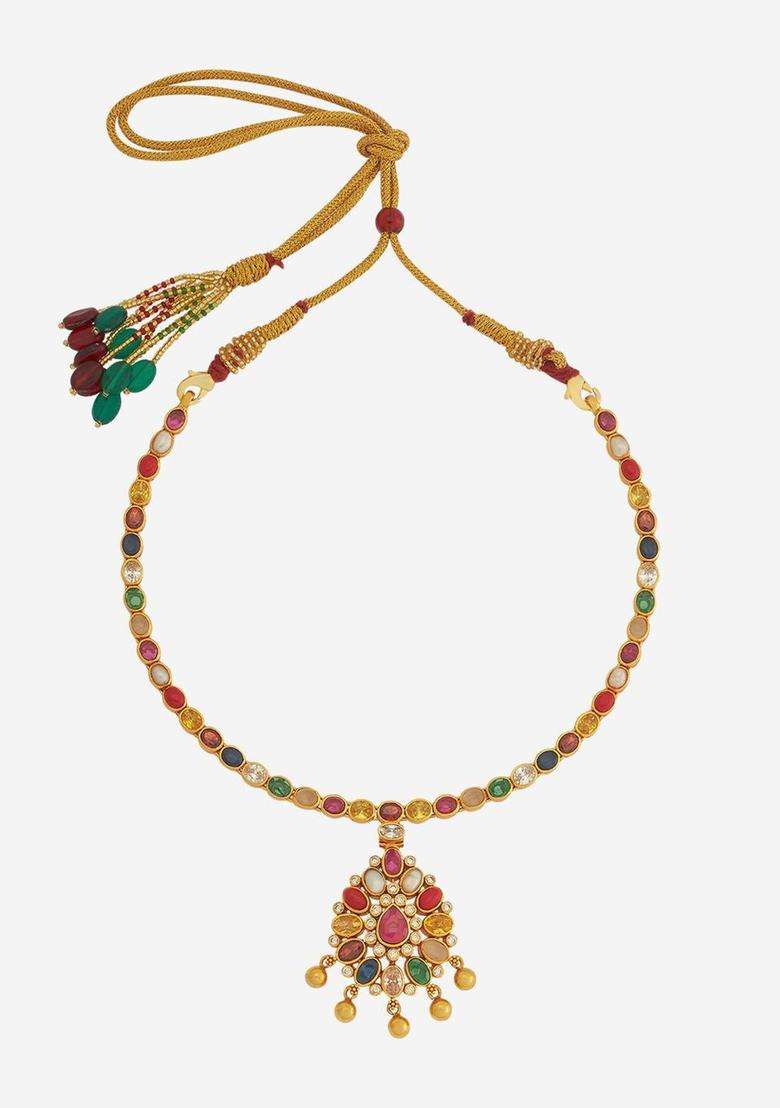 Gold-Plated Embellished Bridal 92.5 Silver Navaratna Stone Necklace for Women | Traditional Temple Jewellery for Wedding & Festive Wear | Gift for Her - Indya