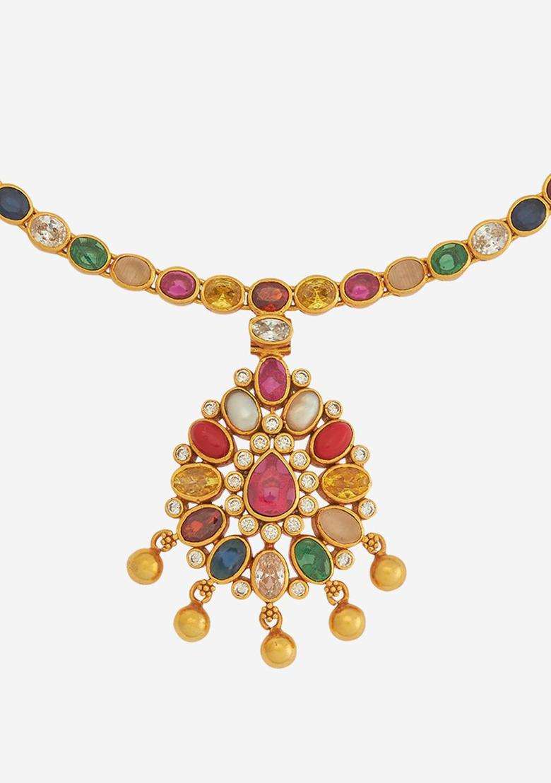 Gold-Plated Embellished Bridal 92.5 Silver Navaratna Stone Necklace for Women | Traditional Temple Jewellery for Wedding & Festive Wear | Gift for Her - Indya