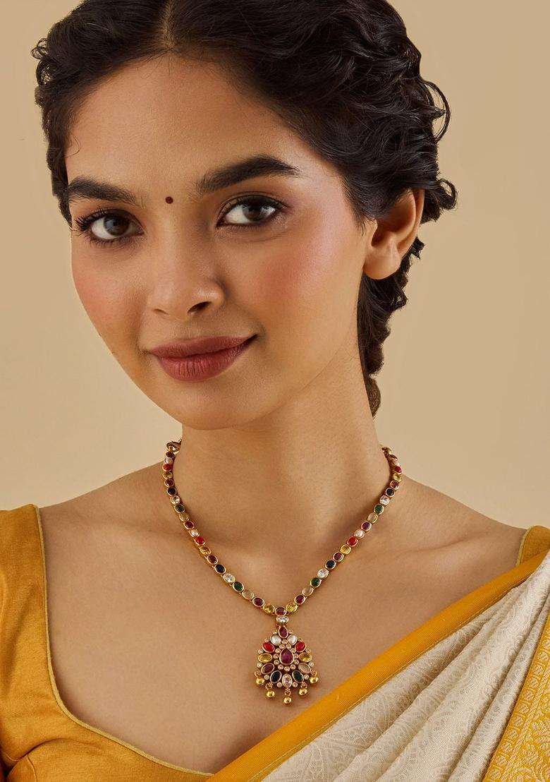 Gold-Plated Embellished Bridal 92.5 Silver Navaratna Stone Necklace for Women | Traditional Temple Jewellery for Wedding & Festive Wear | Gift for Her - Indya