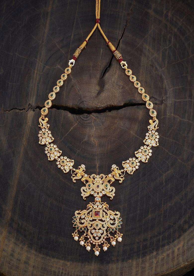 92.5 Pure Silver Gold-Plated Stone Studded Temple Necklace for Women | Traditional Temple Jewellery for Wedding & Festive Wear | Gift for Her - Indya