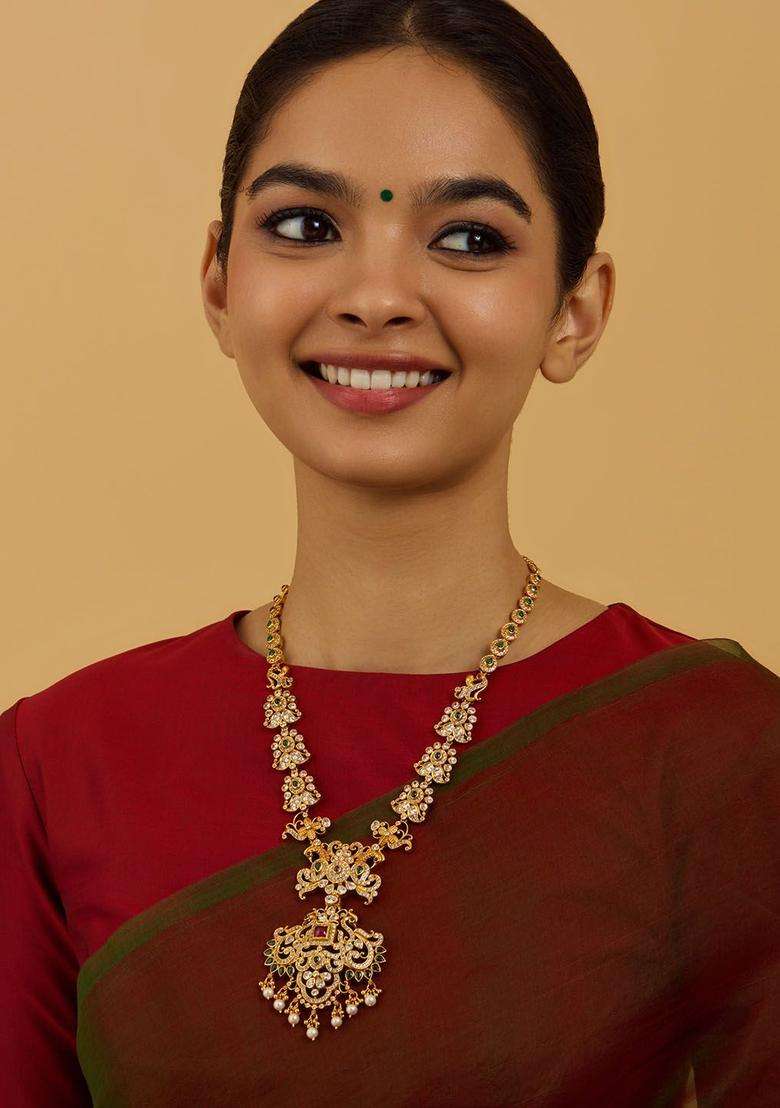 92.5 Pure Silver Gold-Plated Stone Studded Temple Necklace for Women | Traditional Temple Jewellery for Wedding & Festive Wear | Gift for Her - Indya