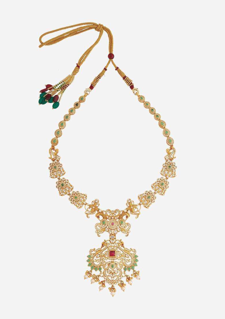92.5 Pure Silver Gold-Plated Stone Studded Temple Necklace for Women | Traditional Temple Jewellery for Wedding & Festive Wear | Gift for Her - Indya