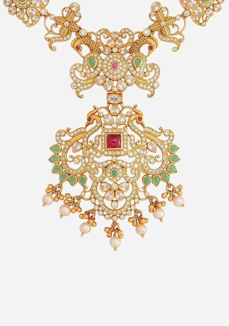 92.5 Pure Silver Gold-Plated Stone Studded Temple Necklace for Women | Traditional Temple Jewellery for Wedding & Festive Wear | Gift for Her - Indya