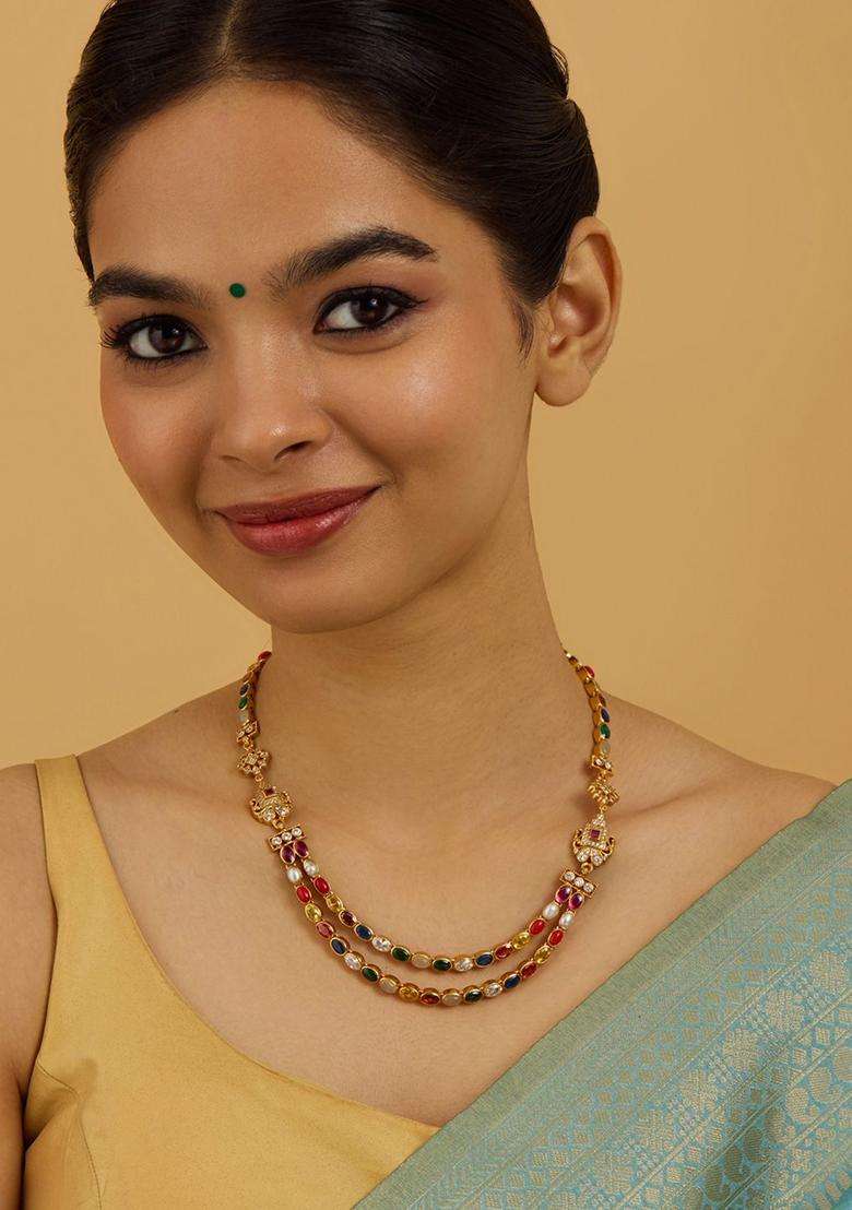 Gold-Plated Embellished Bridal 92.5 Silver Navaratna Stone Necklace for Women | Traditional Temple Jewellery for Wedding & Festive Wear | Gift for Her - Indya