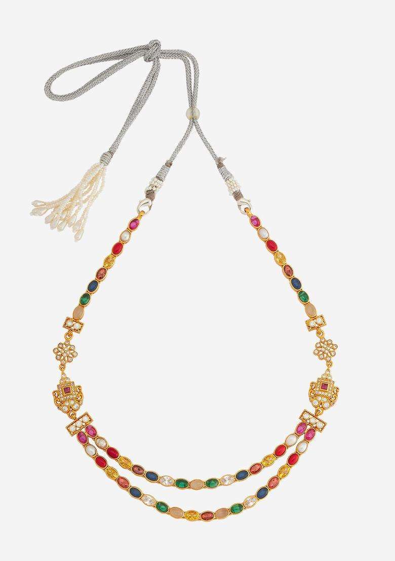 Gold-Plated Embellished Bridal 92.5 Silver Navaratna Stone Necklace for Women | Traditional Temple Jewellery for Wedding & Festive Wear | Gift for Her - Indya